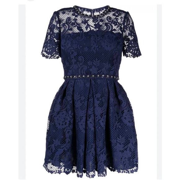 Self Portrait Guipure Lace Embellished Dress in Navy Blue US 4 - Picture 7 of 7